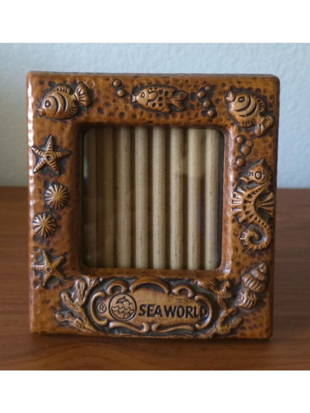Vtg SeaWorld x Treasure Craft Brown Ceramic Ocean Theme Photo Frame MADE IN USA